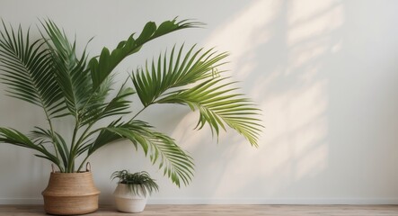 Fototapeta premium Tropical Palm Leaves in Minimalist Interior Setting Highlighting Natural Light and Serenity in Contemporary Decor