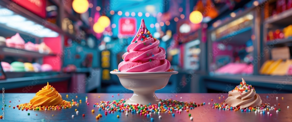 Poster colorful ice cream sundae with sprinkles and empty space for custom text in a vibrant dessert shop s