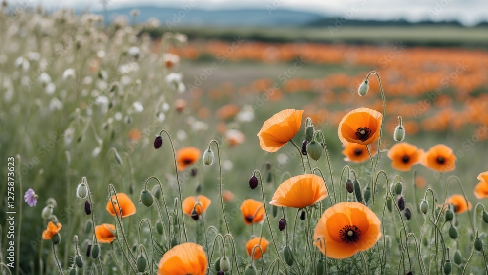Poster vibrant poppy field in bloom under a clear sky with lush greenery and ample copy space for text or m