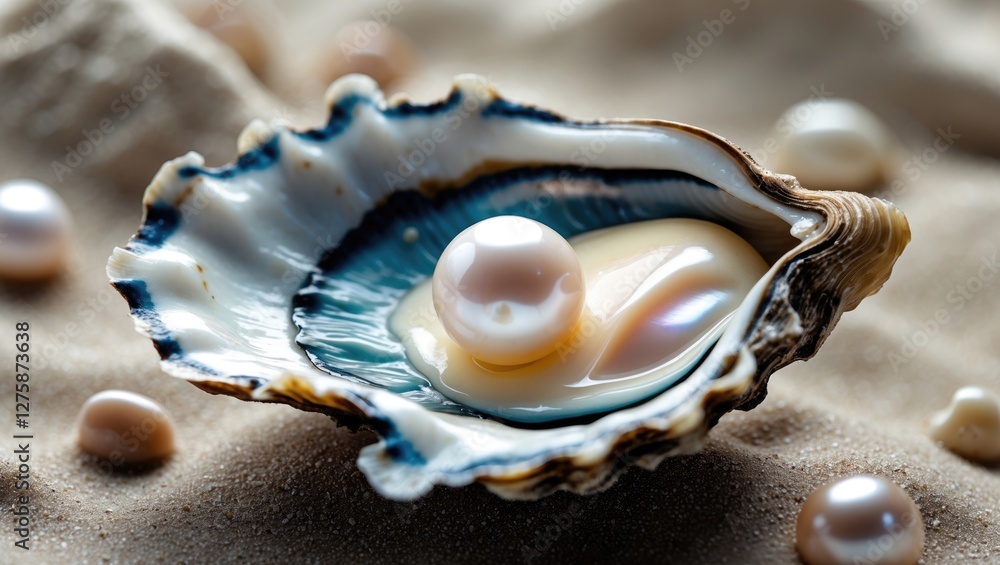 Poster open oyster shell with lustrous white pearl on sandy surface and space for custom text or branding