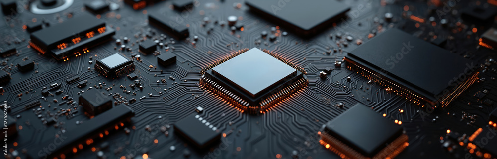 Poster Black circuit board shows data transferring with processors, chips. Computer electronic digital motherboard background. Tech engineering science industry future information system CPU microchip