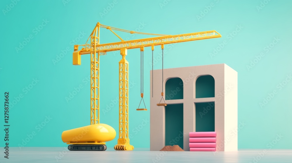 Poster yellow construction crane and building blocks against a teal background. minimalist 3d rendering of 