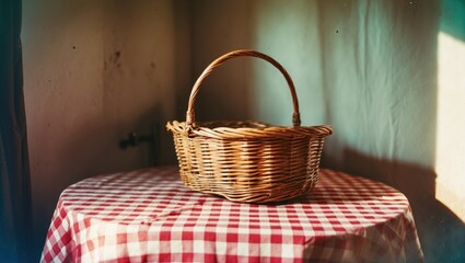 Wicker Basket on a Red Checkered Tablecloth with Soft Natural Lighting and Empty Space for Text or Branding