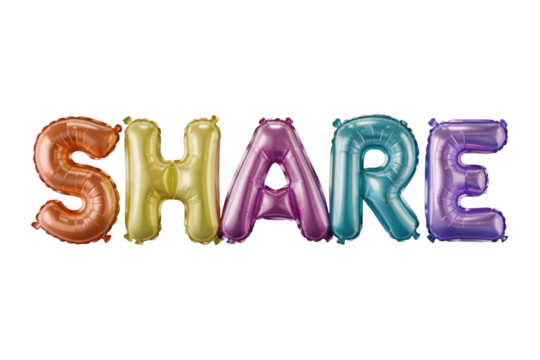 Colorful rainbow balloons spelling SHARE isolated on transparent background