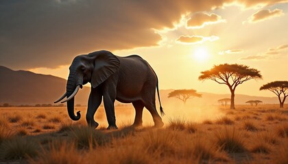 African elephant walking through golden grasslands at sunset with acacia trees
