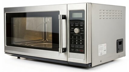 Obraz premium Stainless Steel Microwave Oven on White Background