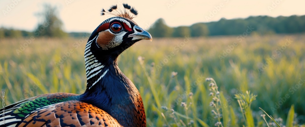 Aufkleber colorful pheasant observing its meadow environment with copy space for text and nature background