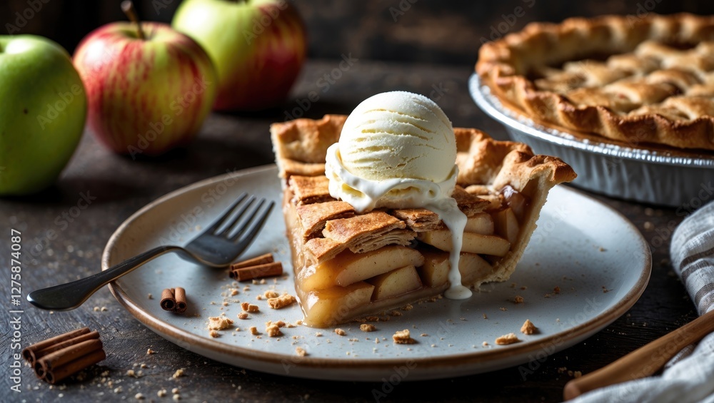Poster delicious slice of apple pie with vanilla ice cream set on a rustic table surrounded by fresh apples