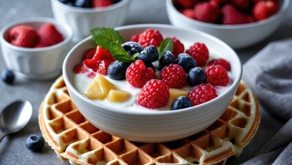 Fruit and Yogurt Served in a Waffle Bowl with Fresh Berries and Mint Garnish on a Table Setting