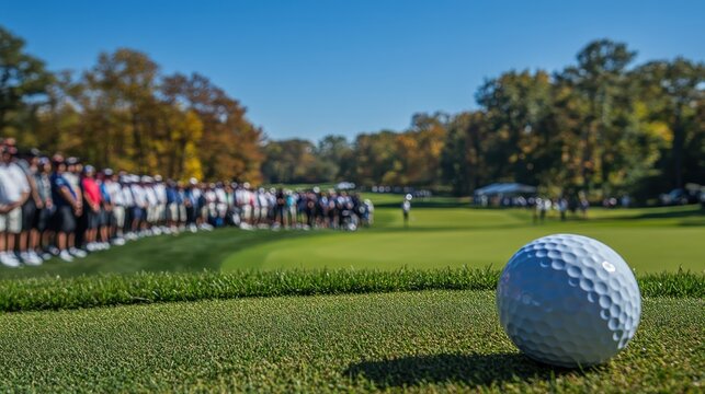 A close-up of a golf ball resting on the green, with a crowd of spectators in the background enjoying a sunny day at a golf tournament.