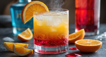 Vibrant Tequila Sunrise Cocktail Garnished with Fresh Orange Slices and Ice in a Elegant Glass on a Dark Table Setting