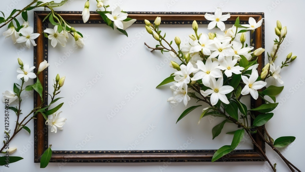 Poster elegant jasmine flower bouquet with frame and leaves flat lay design element for background with cop