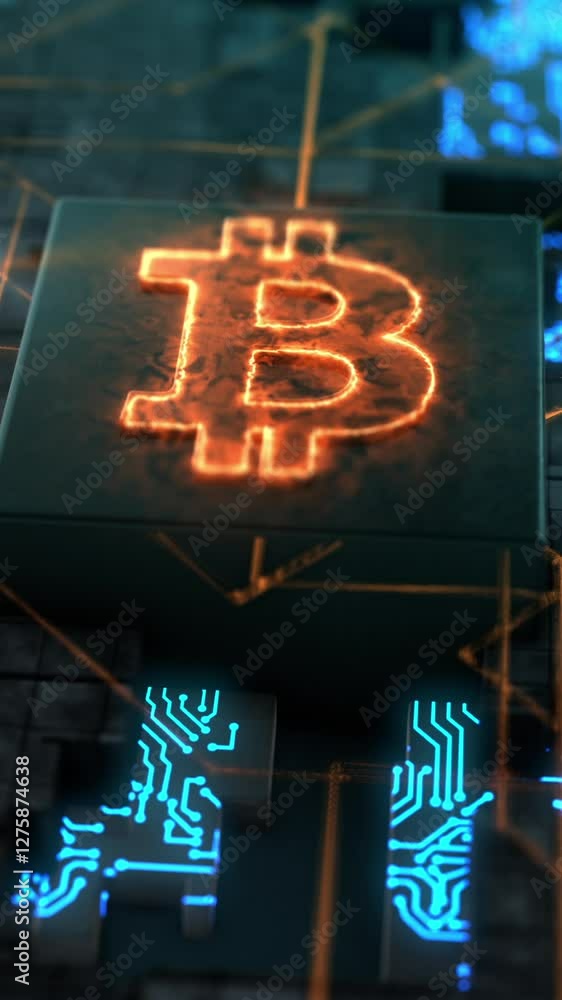 Poster abstract futuristic electronic circuit with a cpu and the bitcoin symbol, concept of cryptocurrency 