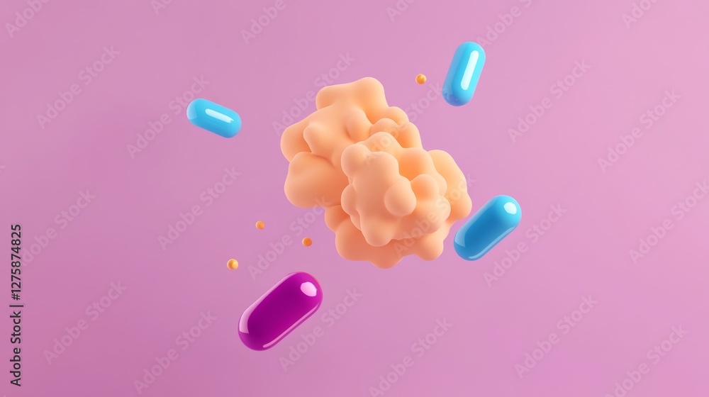 Aufkleber abstract 3d rendering of pastel colored capsules and a peach colored cloud like form against a pink 
