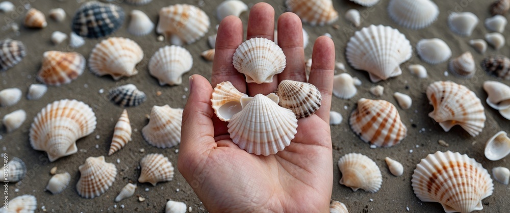 Poster hand holding beautiful seashells against a beach background filled with decorative shells and clear 