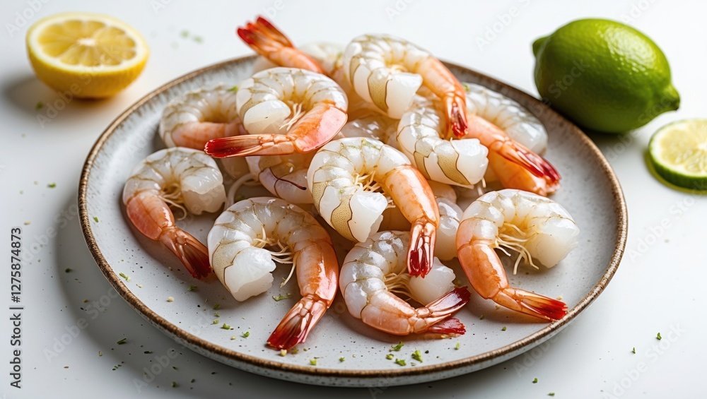 Poster fresh raw shrimps displayed on a plate with lemon and lime slices isolated on a clean white backgrou