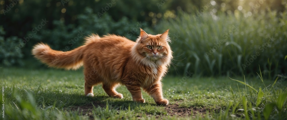 Poster fluffy red cat walking in a lush green garden during summer with empty space for text highlighting n
