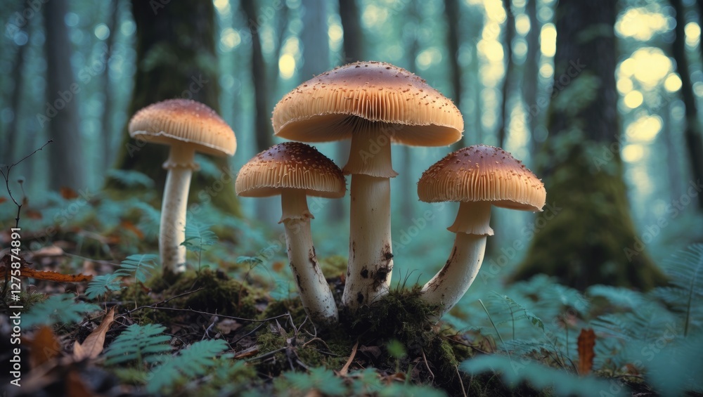 Poster xerocomus mushrooms in a serene forest setting with soft lighting and empty space for text, ideal fo