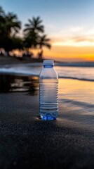 Water bottle resting on wet sand under a colorful sunset at a serene beach with palm trees in the background