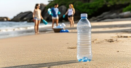 Group of volunteers cleaning a beach with plastic bags and bottles scattered on the sand near the ocean during daytime