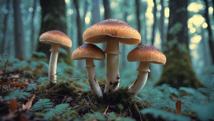 Fototapeta premium Xerocomus mushrooms in a serene forest setting with soft lighting and empty space for text, ideal for nature or culinary themes.