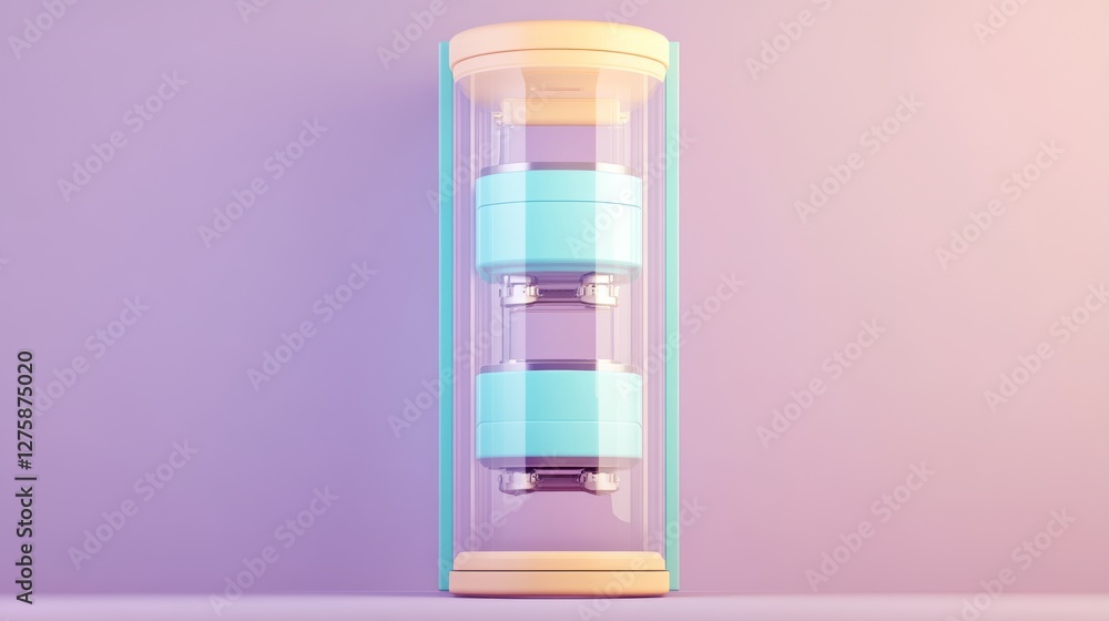 Poster abstract pastel colored 3d render of a transparent cylindrical structure with three inner compartmen