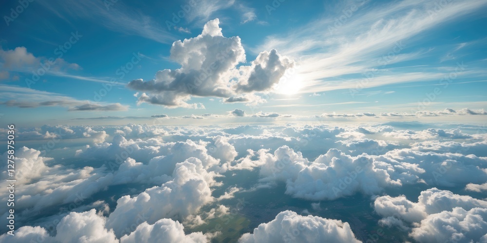 Poster scenic view of white clouds in blue sky with sunlight and space for custom text or message in a natu