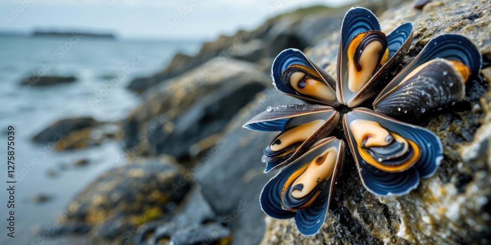 Poster mussels on a rocky shore during low tide with ocean backdrop and empty space for text or design elem