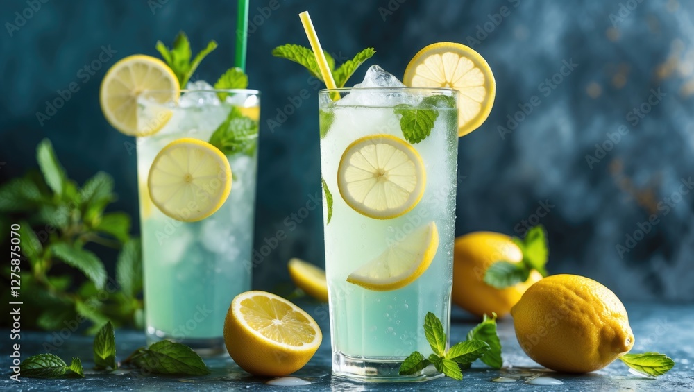 Poster refreshing lemonade drink with fresh mint and lemon slices in tall glasses on a table with empty spa