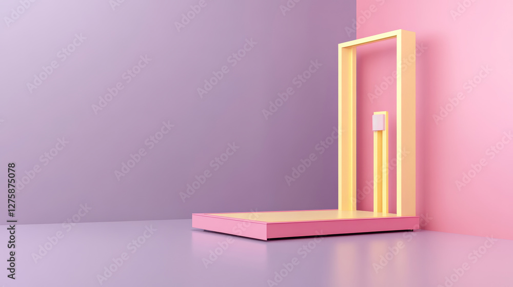 Poster pastel pink and yellow geometric shapes on a purple background. minimalist 3d render of abstract for