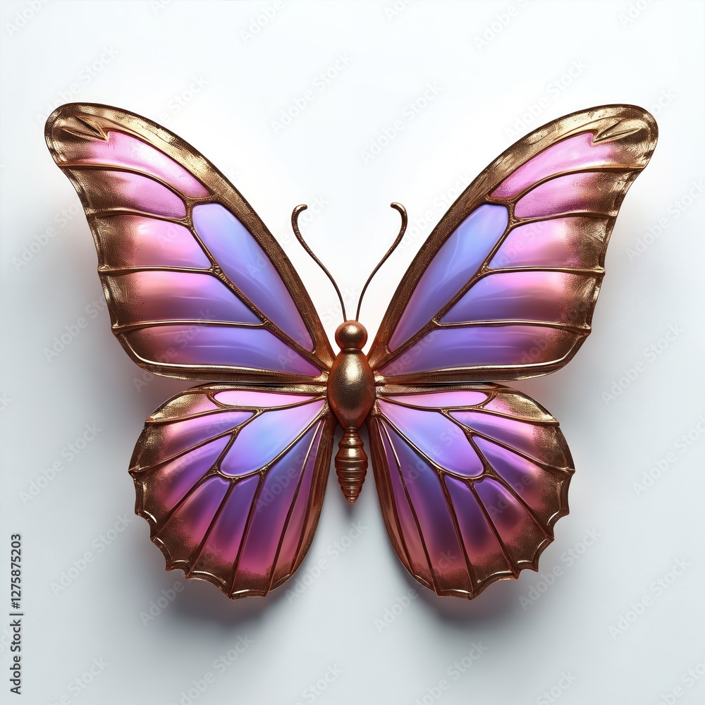 Poster metallic chrome y2k butterfly with neon fluid on white background. three-dimensional glossy insect w