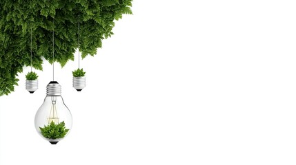 Obraz premium Creative design featuring light bulbs surrounded by greenery symbolizing eco-friendly concepts and nature conservation in a modern setting