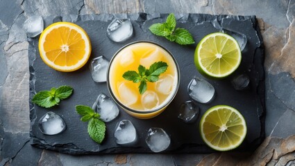 Refreshing Citrus Juice Garnished with Mint and Ice Cubes on Slate Background with Lemon and Lime Halves, Perfect for Summer Beverage Concepts.