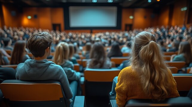 Auditorium filled with audience listening to speaker