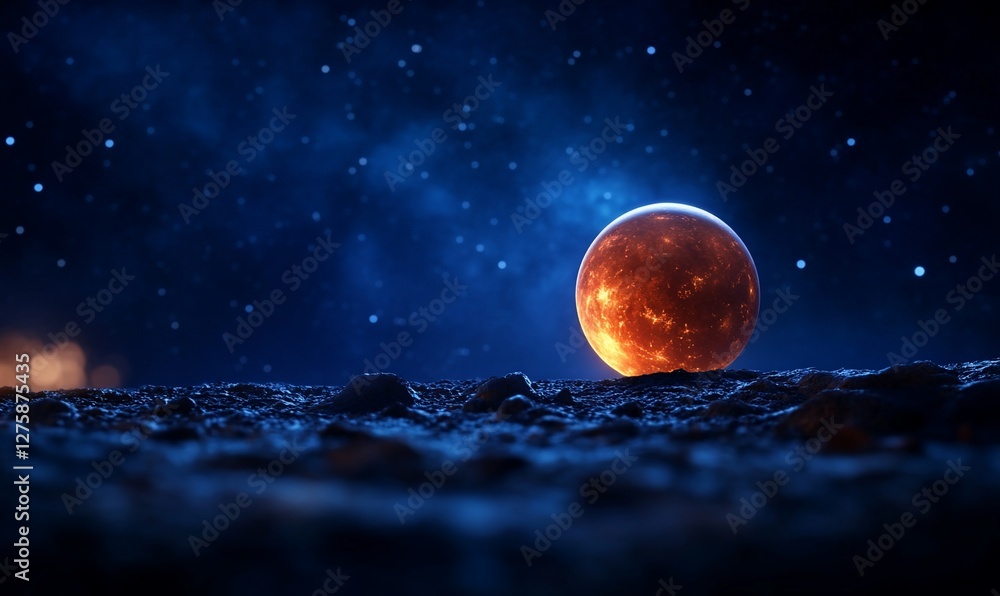 Poster fiery orb on alien landscape with starry background in deep space