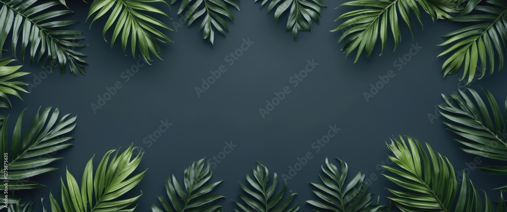 Poster tropical green leaves arranged on a dark background creating an elegant frame with ample space for t