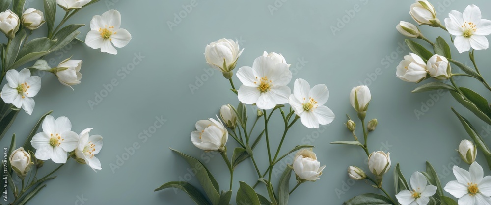 Poster delicate white flowers arrangement on soft green backdrop with ample empty space for personalized te