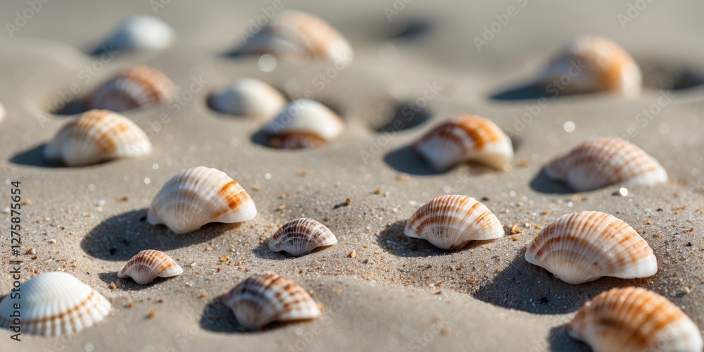 Poster tiny seashells spreading across sandy beach with soft focus and space for text addition