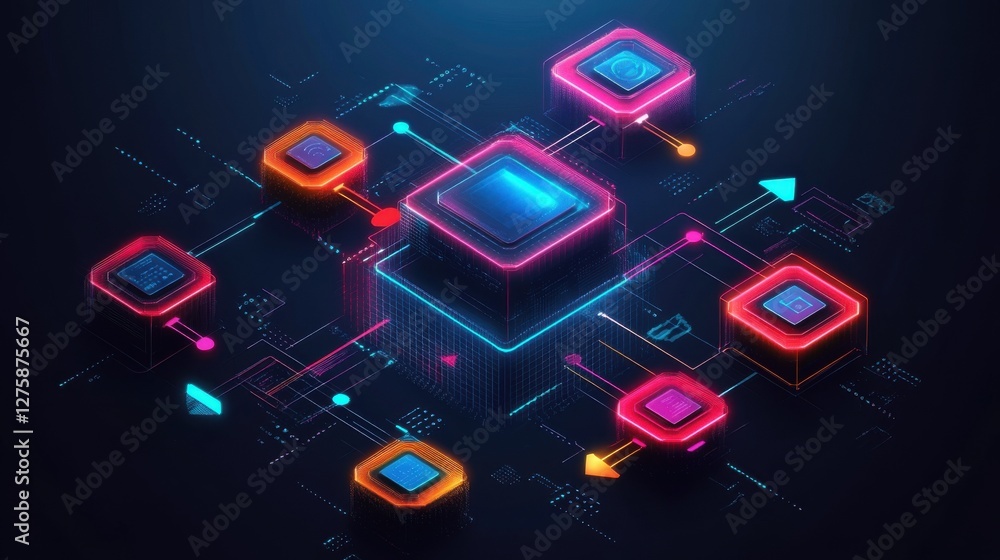 Poster abstract network of glowing microchips and data streams