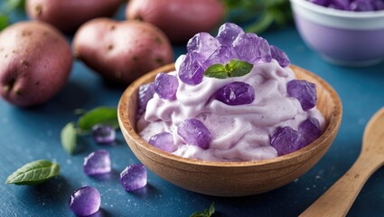 Delicious Purple Potato Soft Serve Ice Cream with Toppings Freshly Served in a Bowl Surrounded by Potatoes and Garnished with Mint Leaves