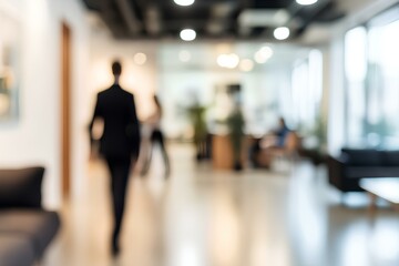Naklejka premium blurred office interior space with a businessman and businesswoman in the background. The setting appears to be a modern office with a spacious and bright atmosphere