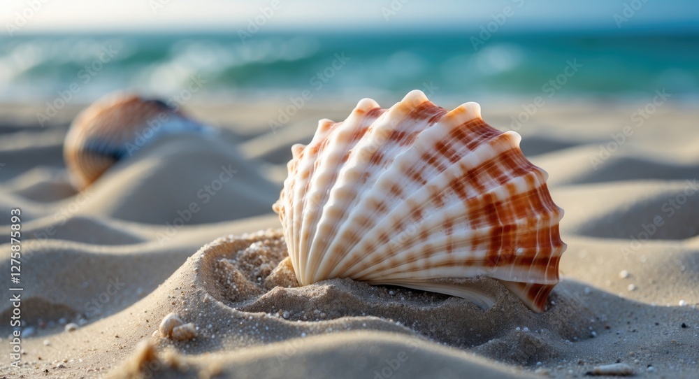 Poster seashell resting in fine sand with a serene beach and ocean waves in the background capturing the es