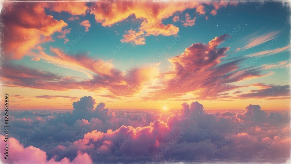 Poster vibrant sunset over clouds with colorful sky and ample space for creative text and graphics