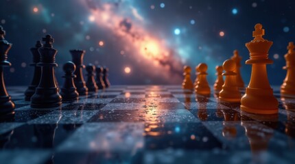 A wide shot of a chessboard set in the cosmos