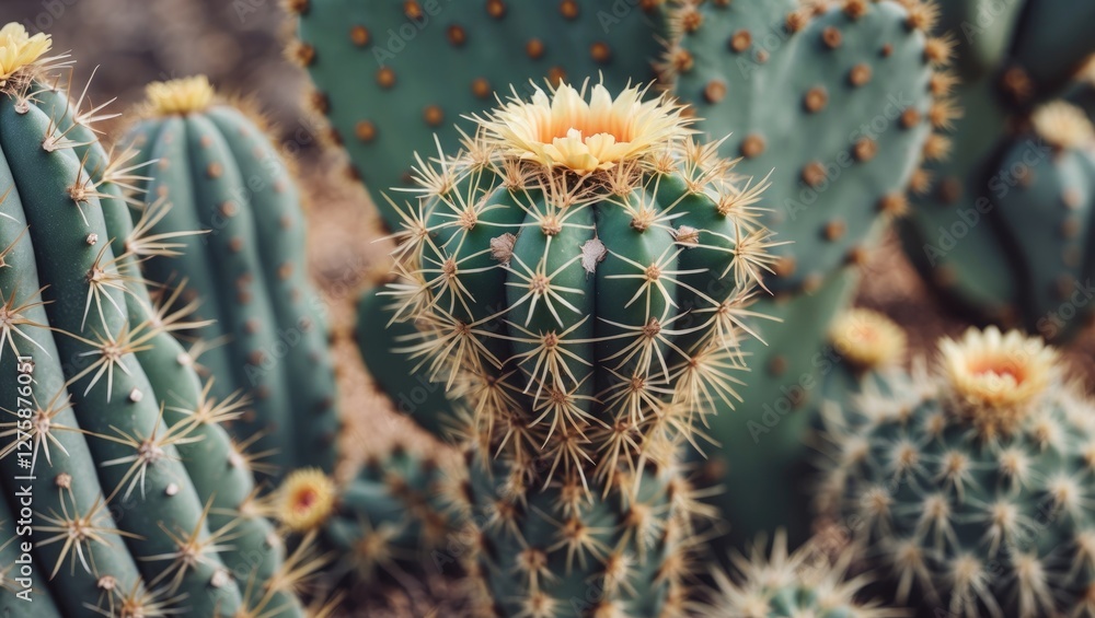 Poster vibrant texture of cacti in bloom capturing the essence of the desert with room for text overlay