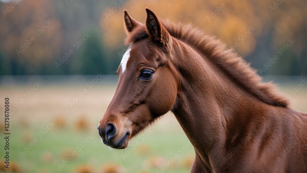 Poster portrait of a brown foal in a serene rural setting with soft bokeh background ideal for adding text 