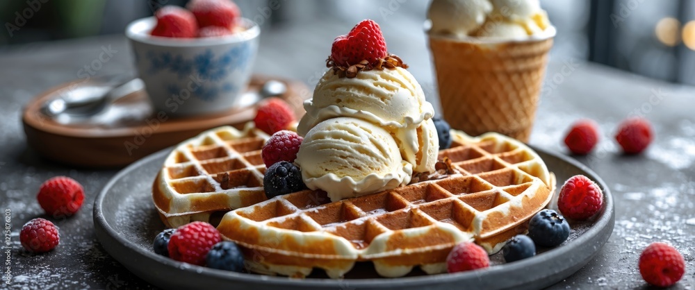 Poster delicious waffles topped with ice cream and fresh berries on a rustic table setting