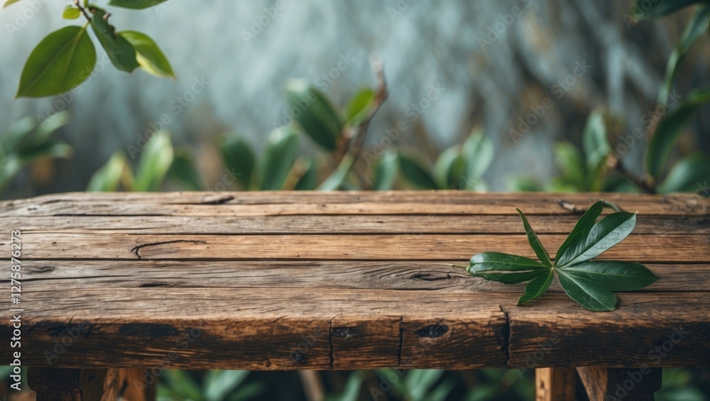 Poster rustic wooden table surface surrounded by nature with leaf and blurred background for relaxation and