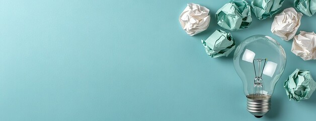 A vibrant creative brainstorming session set against a striking teal background, featuring a bright light bulb and a pile of crumpled paper