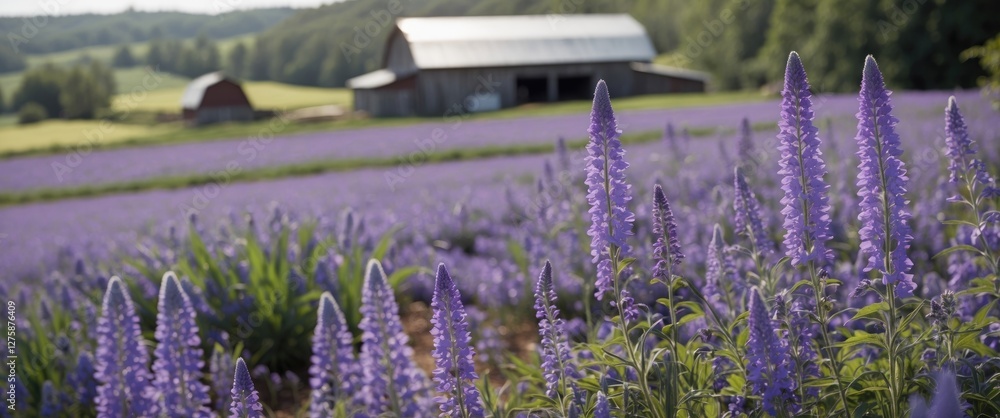 Poster purple flower field with rustic barn in background and clear space for text overlay
